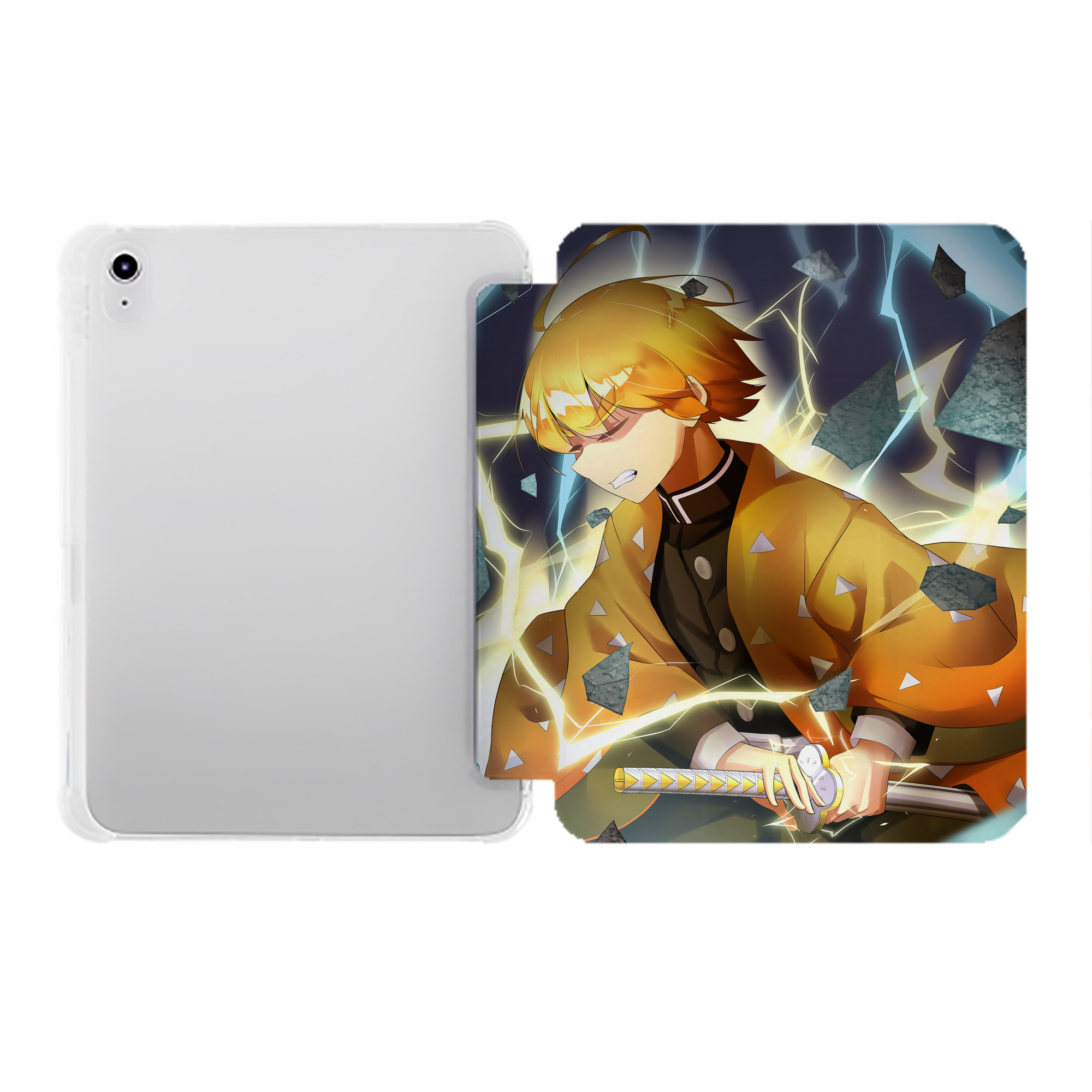 （画像用） 鬼滅の刃（きめつのやいば）我妻 善逸／あがつま ぜんいつ Agatsuma Zenitsu IPad ケース ペン収納付き 三つ折りスタンド PUレザー×シリコン 対応機種9.5/10.5/10.9インチ